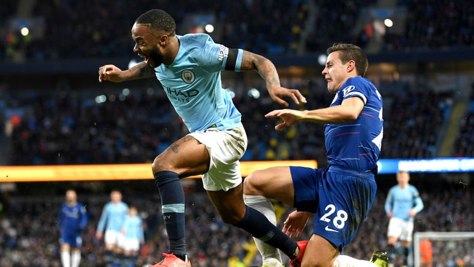 PENALTY : Cesar Azpilicueta fouls Raheem Sterling inside the box.