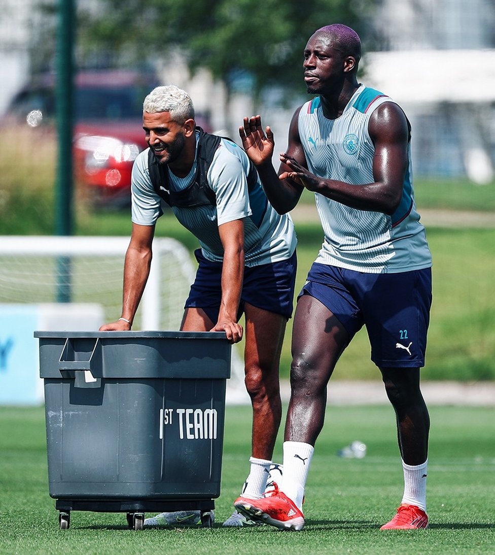 TWO'S COMPANY: Riyad Mahrez and Benjamin Mendy emerged victorious from a light-hearted drill in today's session