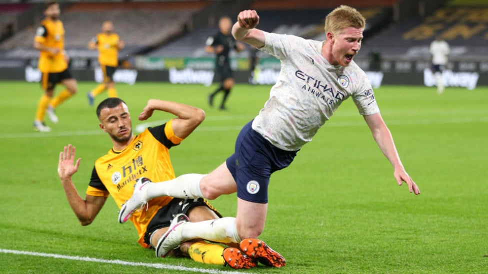 ON THE SPOT: Kevin De Bruyne is brought down to earn City a penalty