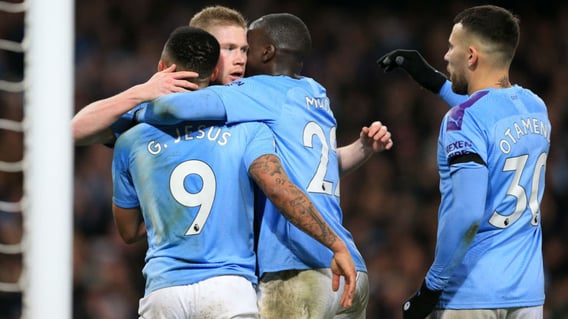 GROUP HUG: It was a great night's work from Guardiola's men.