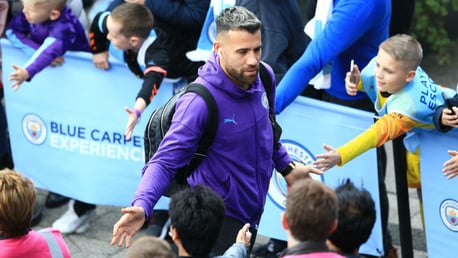 THE GENERAL: Otamendi arrives to the delight of the City fans.