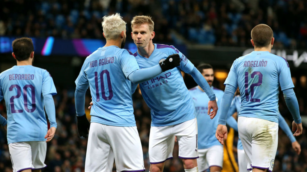 TWO'S COMPANY: Zinchenko salutes fellow goal scorer Aguero