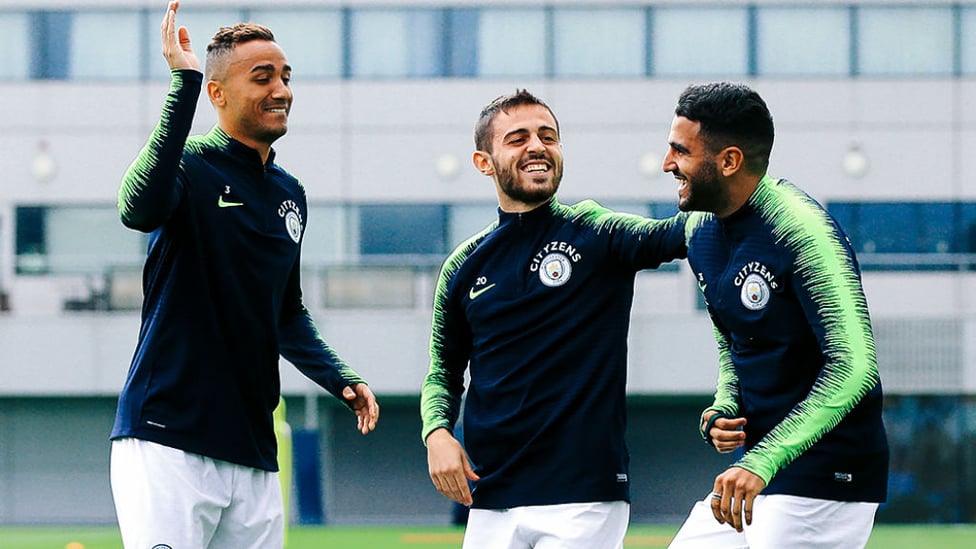 THREE CHEERS : Danilo, Bernardo Silva and Riyad Mahrez are in high spirits