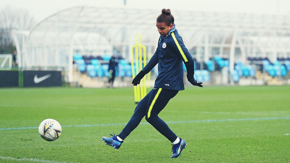 BY THE RIGHT : Nikita Parris powers in a shot