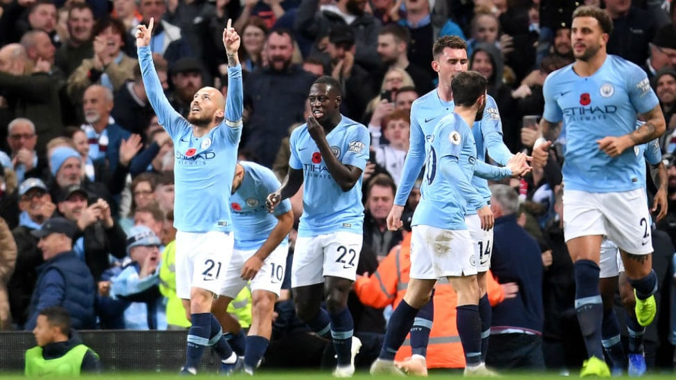 BLUE HEAVEN : David Silva celebrates after opening the scoring for City