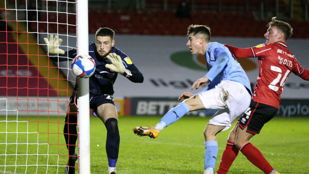 SO CLOSE: Ben Knight can't guide the ball home from Keke Simmonds' deflected shot