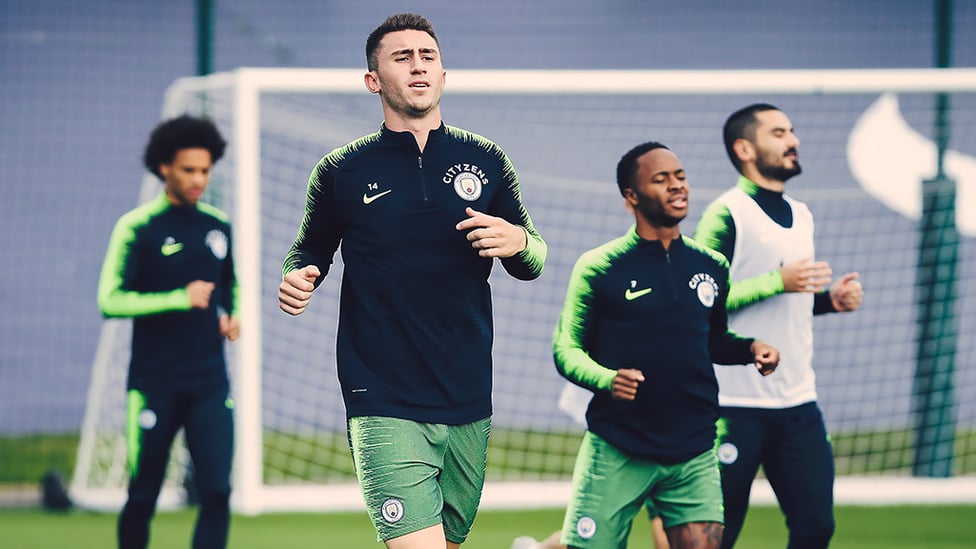 ON THE RUN : Aymeric Laporte, Raheem Sterling and Ilkay Gundogan are put through their paces