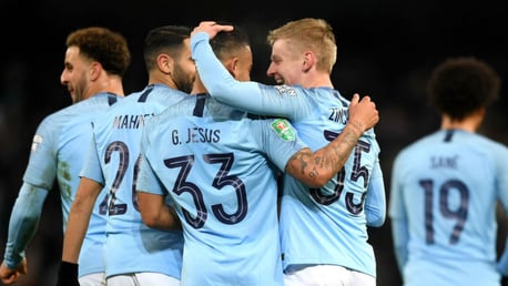 GOOD AS GOALS: Oleksandr Zinchenko celebrates after his stunning strike with fellow scorer Gabriel Jesus