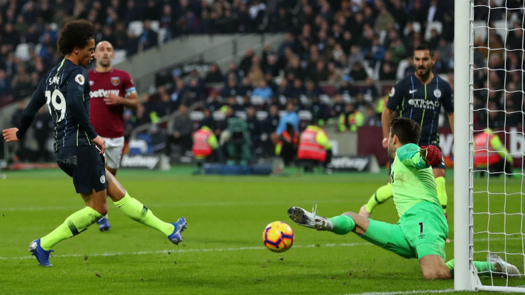 THREE CHEERS : Leroy Sane makes it 3-0 for City