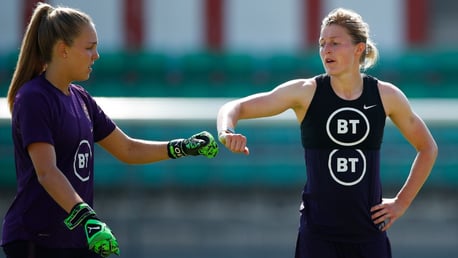 FIST BUMP: Ellie Roebuck in England training with Ellen White.