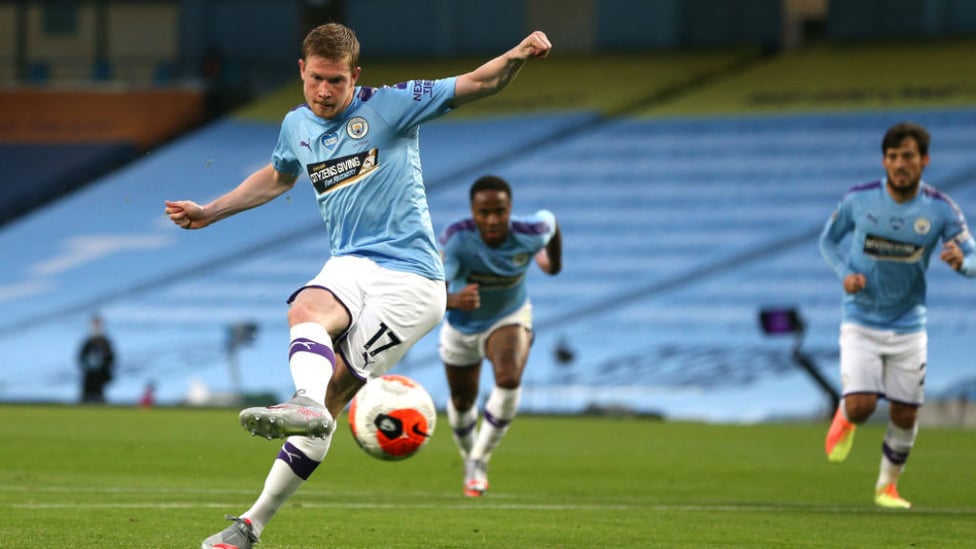 SPOT ON: Kevin De Bruyne fires home from the spot for City