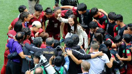 LAYING DOWN THE LORE: Manager Nualphan Lamsam gives instructions to the Thailand players in a team huddle prior to the 2019 Women's World Cup group F match with Sweden