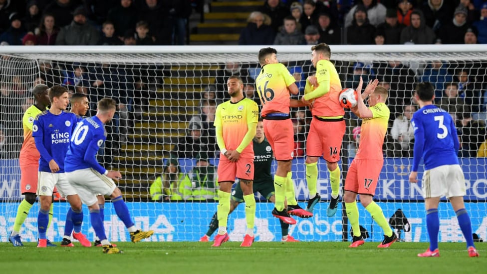 NO ENTRY: Kevin De Bruyne blocks a James Maddison free-kick