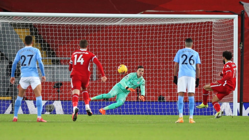 QUICK RESPONSE : Salah levels just after the hour mark from the penalty spot after being fouled by Dias.