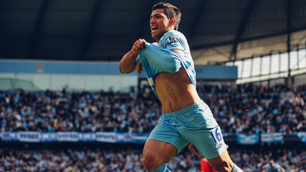 ICONIC : Sergio Aguero wheels away in delight after scoring the goal which secured our first League Championship for 44-years.