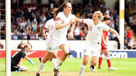 GOAL: Jill Scott celebrates scoring in World Cup warm-up game against Denmark.