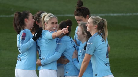 ALL TOGETHER NOW: The Blues celebrate City's third goal of the day