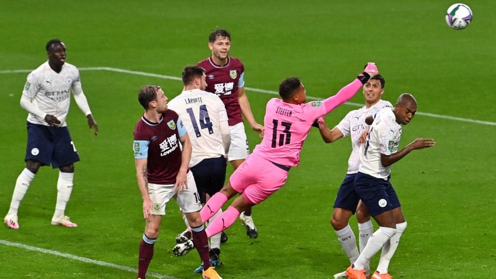 FLYING : Zack Steffen gets a strong hand on a Burnley cross.