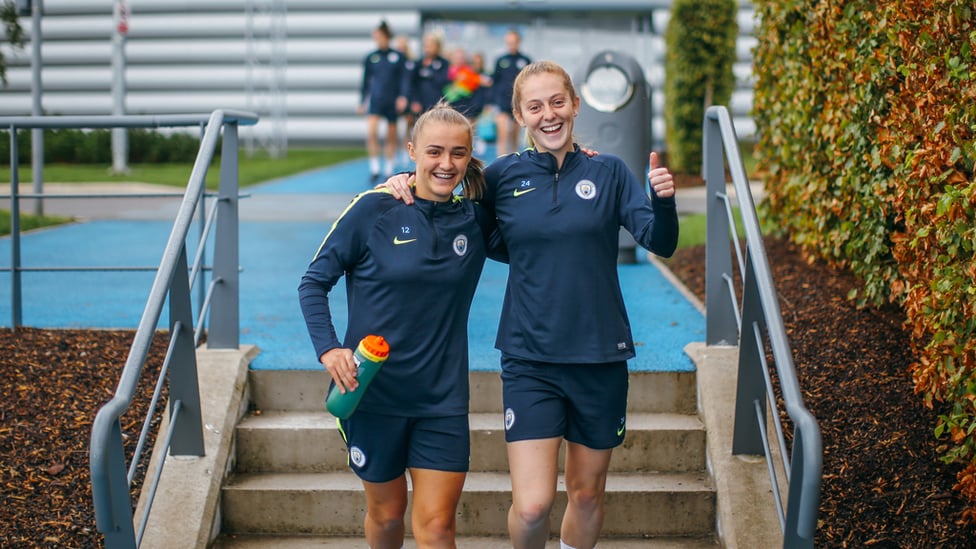 SAY CHEESE : Georgia Stanway and Keira Walsh look relaxed ahead of the trip to Chelsea