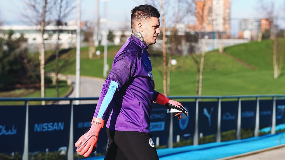 STEADY EDDIE : Ederson heads out...