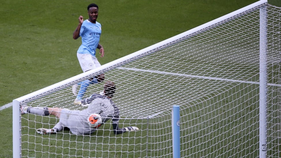 20 UP : Sterling finds the net to take his league tally to 20 this season.