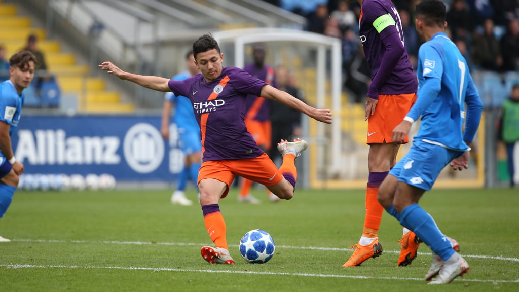 STRIKE: Ian Carlo Poveda pulls one back for the Blues in the first half...