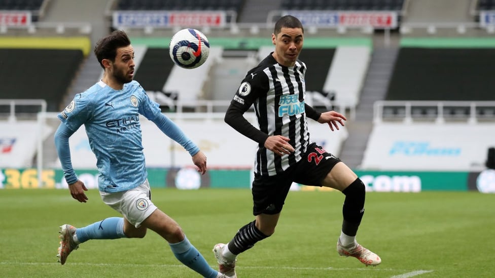 PACE TO BERN: Bernardo Silva tussles for possession with Miguel Almiron