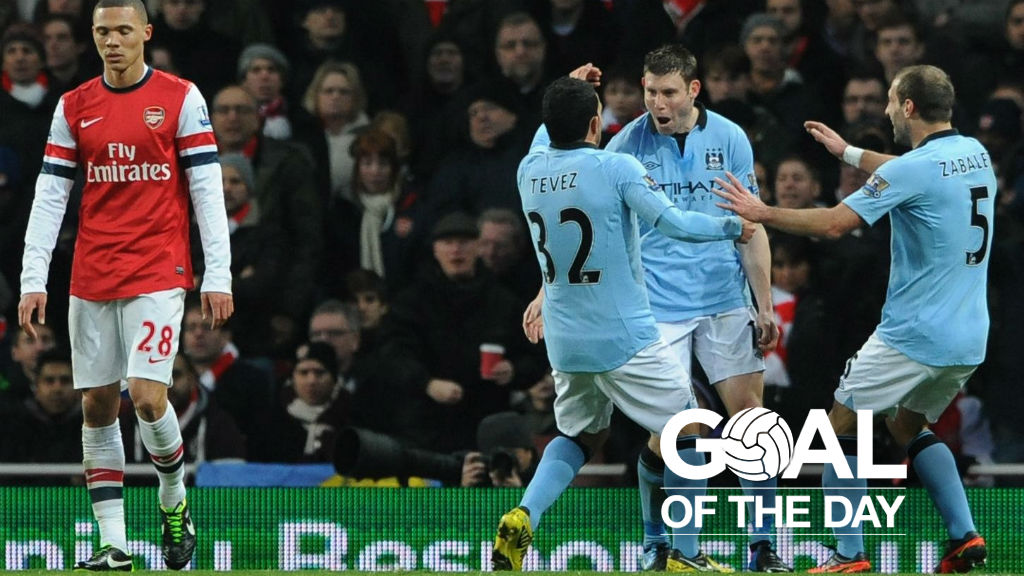 PING: James Milner celebrates scoring against Arsenal in 2013.