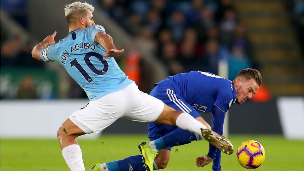 AT FULL STRETCH : Sergio Aguero challenges James Maddison