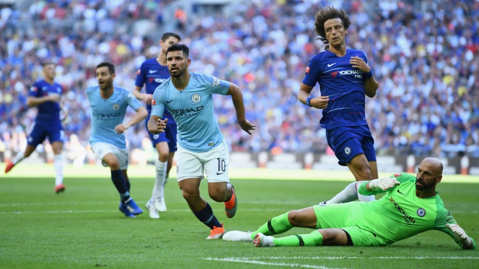 DOUBLE TOPS : Sergio Aguero prepares to celebrate after firing home his 201st career goal for the Blues