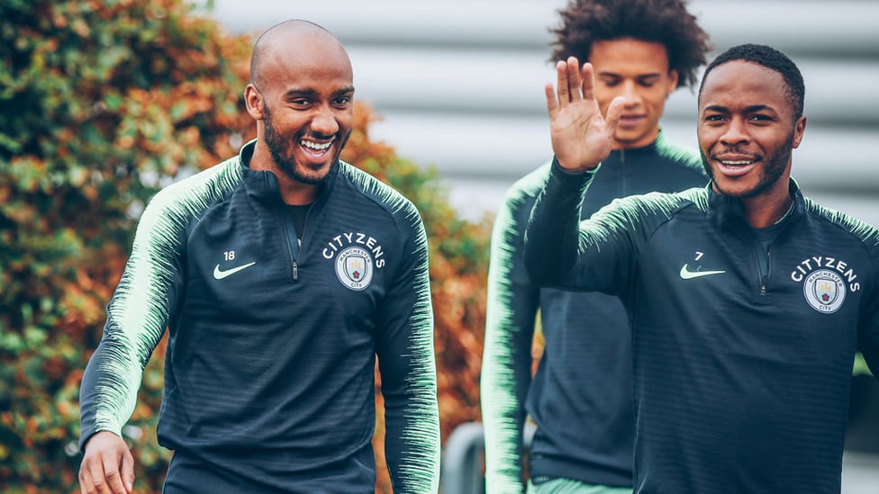 SMILES IN FRONT : Delph and Sterling are delighted to be at training!