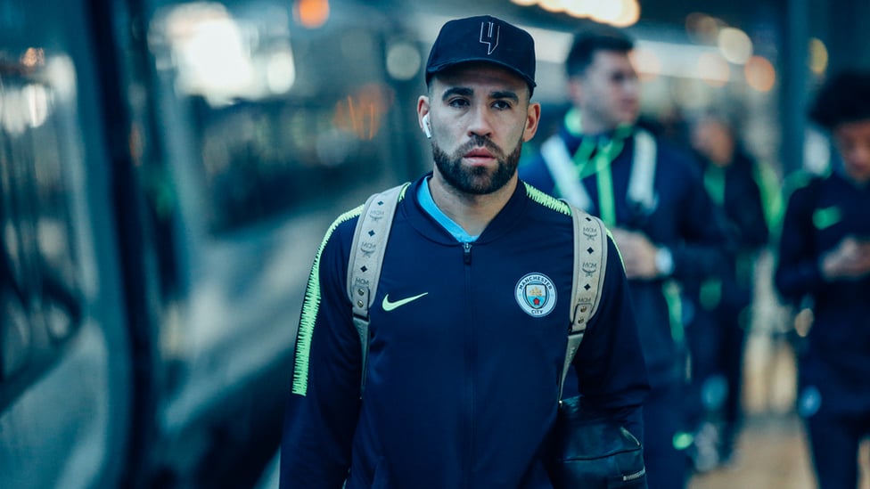 GENERAL ORDERS : Nico Otamendi is a study in focus as he steps off the train