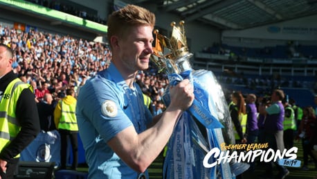 BACK TO BACK: Kevin De Bruyne lifts his second Premier League trophy with City.