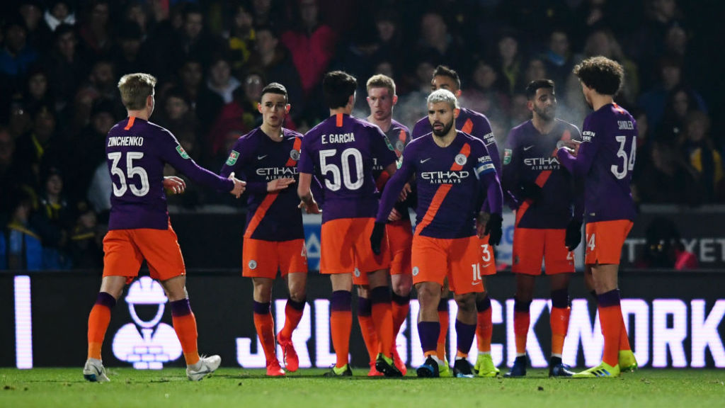 DEADLOCK BROKEN: The team celebrate following Sergio Aguero's opening goal of the game