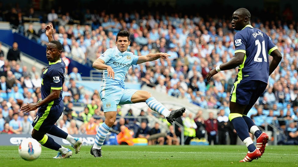 UP AND RUNNING : Sergio Aguero slams home his first hat-trick for the Club against Wigan in 2011