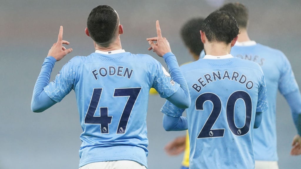 ONE OF OUR OWN: Foden celebrates his goal.