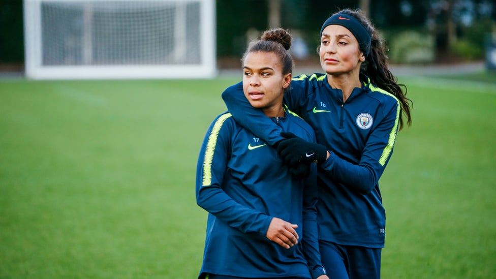 BLUE BUDS : Good friends Nikita Parris and Nadia Nadim