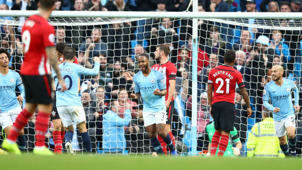 STERLING WORK : Raheem Sterling celebrates after scoring our fourth goal on the stroke of half-time