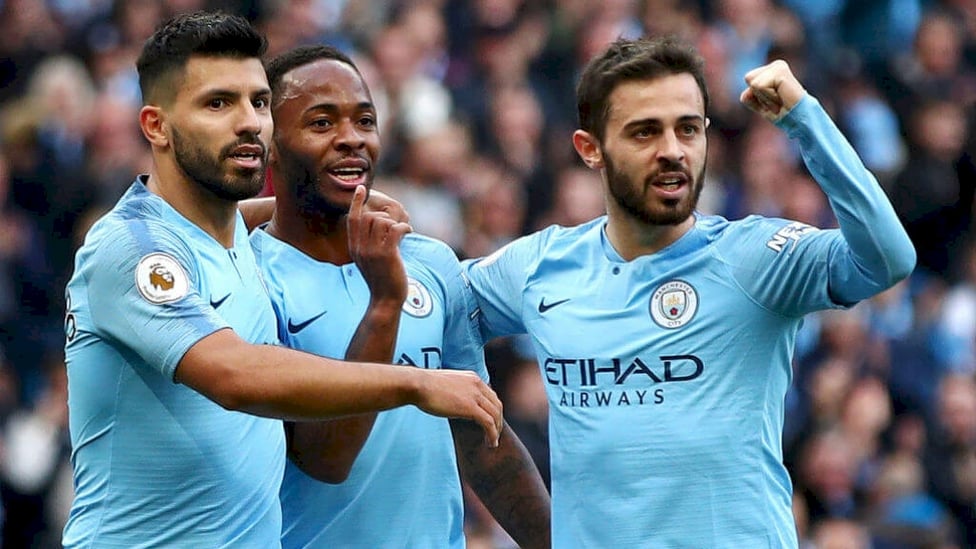 1-0 CITY : The boys celebrate Sterling's opener