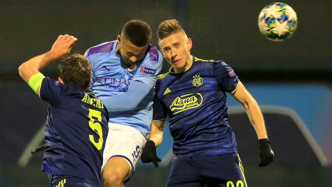 DETERMINED: Gabriel Jesus rises highest to head home City's equaliser.