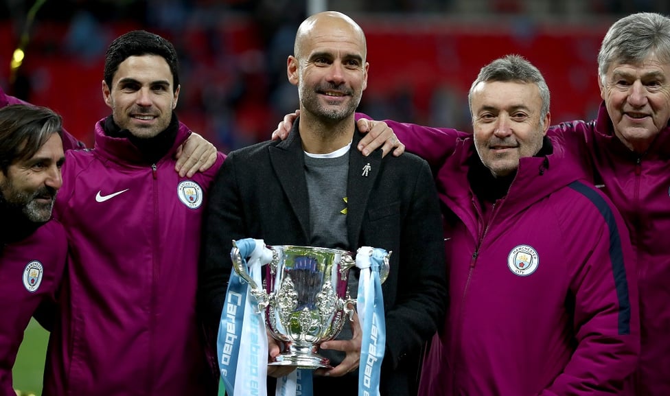 FIRST OF MANY : The Catalonian collects his firsts trophy at City, winning the 2018 Carabao Cup final 3-0 against Arsenal