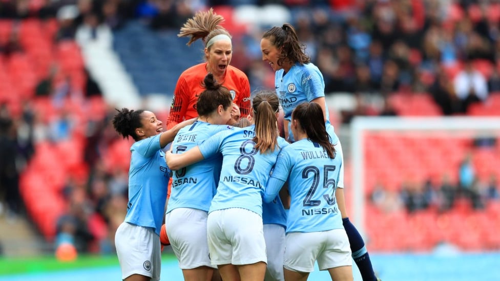 Keira Walsh is congratulated by her team mates after scoring the opener