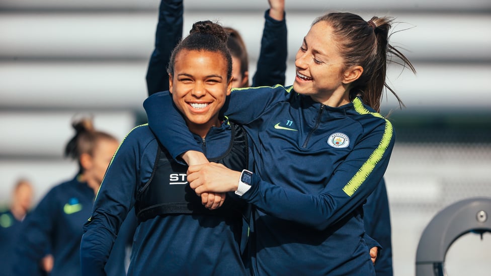 DOUBLE TROUBLE : Big smiles from Nikita Parris and Janine Beckie.