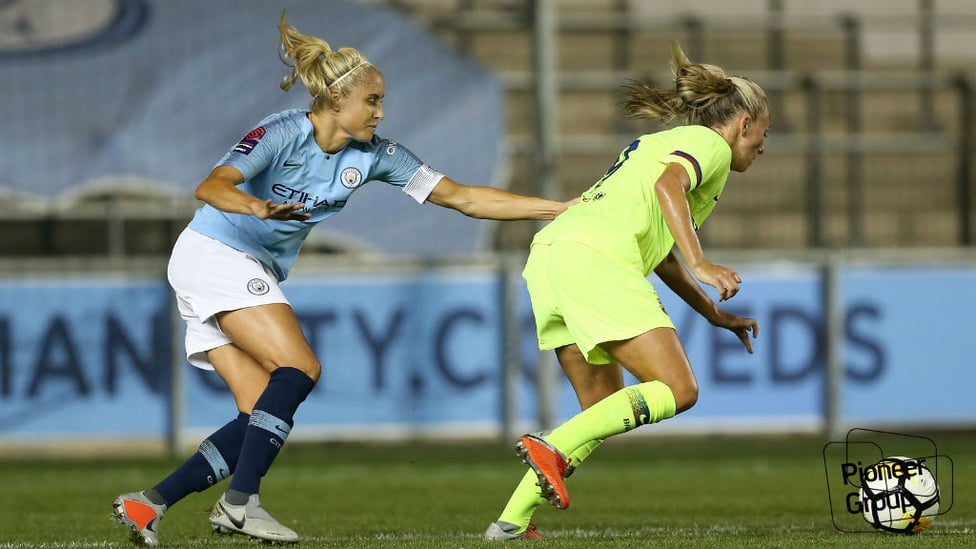 SKIPPER : Steph Houghton goes head-to-head with former City striker Toni Duggan.