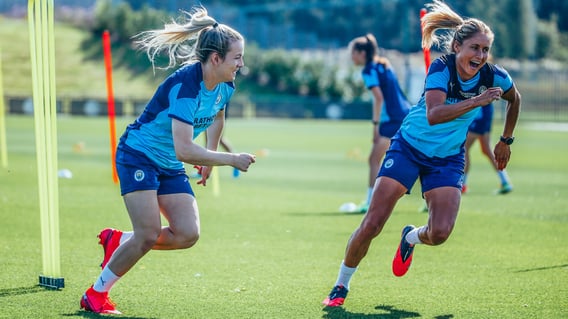 ON YOUR MARKS: Lauren Hemp and Steph Houghton are put through their paces