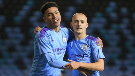 TWO'S COMPANY: City scorers Morgan Rogers and Lewis Fiorini celebrate