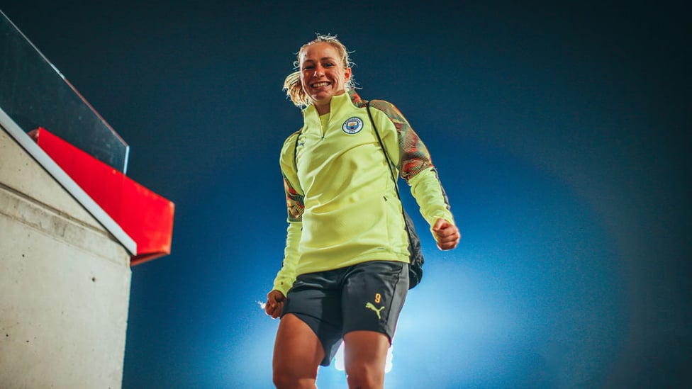 SPANISH HIGH : Pauline Bremer looks happy after our final pre-match preparations