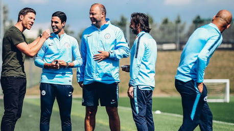 ALL SMILES: There was plenty of good humour when Xabi Alonso paid a visit to the CFA to watch training and reunited with Pep Guardiola and his coaching staff