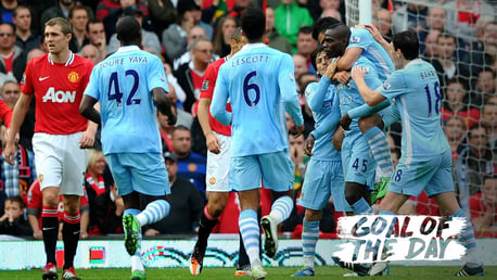 INFAMOUS: Mario Balotelli celebrates his first goal as City beat United 6-1 in 2011.