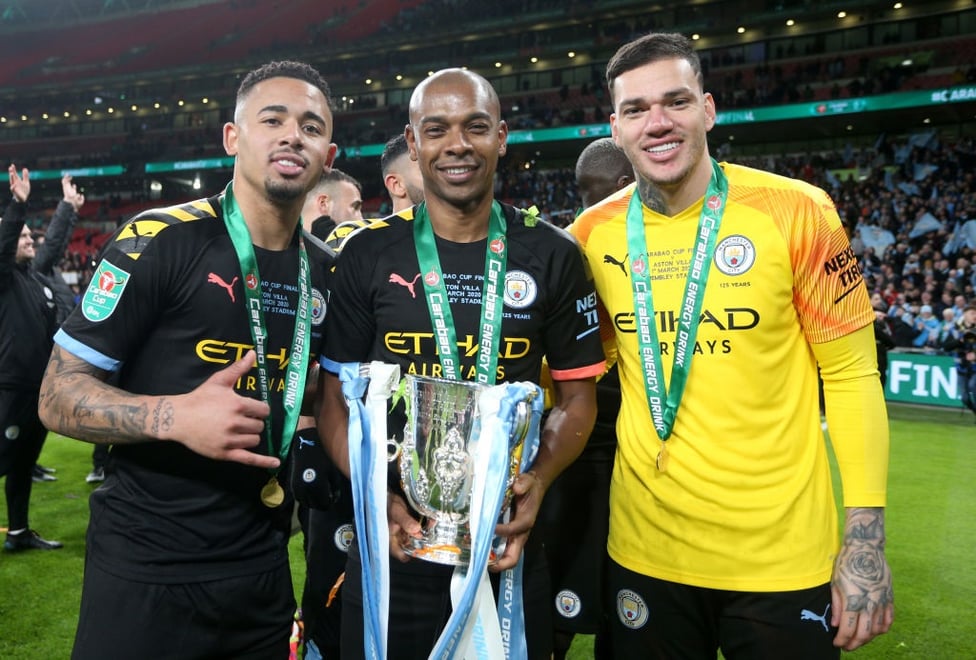 Boys from Brazil : Gabriel, Ferna and Ederson celebrate the Carabao Cup win over Villa